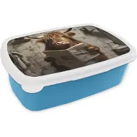 MuchoWow Broodtrommel Blauw - Lunchbox Schotse hooglander - Toilet - Krant - Badkamer - Brooddoos 18x12x6 cm - Brood lunch box - Broodtrommels voor kinderen en volwassenen