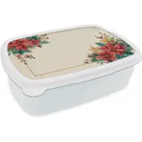 MuchoWow Broodtrommel Wit - Lunchbox Kerst - Poinsettia - Omlijsting - Kleurrijk - Brooddoos 18x12x6 cm - Brood lunch box - Broodtrommels voor kinderen en volwassenen