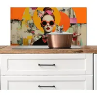 KitchenYeah Spatscherm keuken 90x45 cm - Kookplaat achterwand Vrouw - Bril - Strik - Retro - Muurbeschermer - Spatwand fornuis - Hoogwaardig aluminium