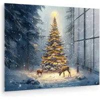 MuchoWow Glasschilderij 160x120 cm - Schilderij acrylglas - Kerstlicht - Woud - Hert - Donker - Foto op glas - Muurdecoratie woonkamer - Wanddecoratie slaapkamer - Schilderijen