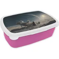 MuchoWow Broodtrommel Roze - Lunchbox Maan - Kat - Astronaut - Ruimte - Brooddoos 18x12x6 cm - Brood lunch box - Broodtrommels voor kinderen en volwassenen
