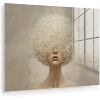 MuchoWow Glasschilderij 40x30 cm - Schilderij acrylglas - Dromerig - Beige - Paardenbloemzaadjes - Foto op glas - Muurdecoratie woonkamer - Wanddecoratie slaapkamer - Schilderijen