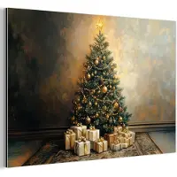 MuchoWow Aluminium schilderij 30x20 cm - Wanddecoratie metaal - Kerstboom - Cadeaus - Goud - Metalen muurdecoratie woonkamer - Decoratie industrieel - Foto op dibond - Industriële accessoires slaapkamer