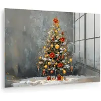 MuchoWow Glasschilderij 60x40 cm - Schilderij acrylglas - Kerstboom - Cadeaus - Rood - Goud - Foto op glas - Muurdecoratie woonkamer - Wanddecoratie slaapkamer - Schilderijen