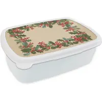 MuchoWow Broodtrommel Wit - Lunchbox Hulstrand - Bessen - Beige - Brooddoos 18x12x6 cm - Brood lunch box - Broodtrommels voor kinderen en volwassenen