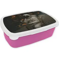 MuchoWow Broodtrommel Roze - Lunchbox Café - Croissant - Koffie - Astronaut - Brooddoos 18x12x6 cm - Brood lunch box - Broodtrommels voor kinderen en volwassenen