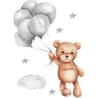 Siso Wandsticker Beer met Ballonnen - Zelfklevende Muurdecoratie voor Kinderkamer - 67x50 cm - Kleurrijke Beer Wandsticker voor Babykamer en Peuterruimte