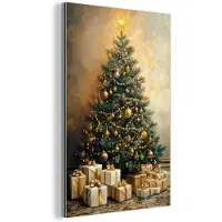 MuchoWow Aluminium schilderij 120x180 cm - Wanddecoratie metaal - Kerstboom - Cadeaus - Goud - Metalen muurdecoratie woonkamer - Decoratie industrieel - Foto op dibond - Industriële accessoires slaapkamer