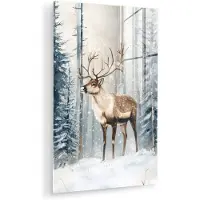 MuchoWow Glasschilderij 60x90 cm - Schilderij acrylglas - Rendier - Sneeuw - Woud - Wit - Foto op glas - Muurdecoratie woonkamer - Wanddecoratie slaapkamer - Schilderijen