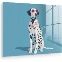 MuchoWow Glasschilderij 40x30 cm - Schilderij acrylglas - Dalmatiër - Zonnebril - Blauw - Foto op glas - Muurdecoratie woonkamer - Wanddecoratie slaapkamer - Schilderijen