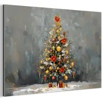 MuchoWow Aluminium schilderij 30x20 cm - Wanddecoratie metaal - Kerstboom - Cadeaus - Rood - Goud - Metalen muurdecoratie woonkamer - Decoratie industrieel - Foto op dibond - Industriële accessoires slaapkamer