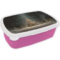 MuchoWow Broodtrommel Roze - Lunchbox Kerstboom - Bos - Sneeuw - meerkleurig - Brooddoos 18x12x6 cm - Brood lunch box - Broodtrommels voor kinderen en volwassenen