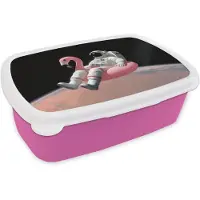 MuchoWow Broodtrommel Roze - Lunchbox Astronaut - Flamingo - Zwemband - Roze - Brooddoos 18x12x6 cm - Brood lunch box - Broodtrommels voor kinderen en volwassenen