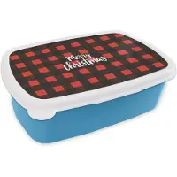 MuchoWow Broodtrommel Blauw - Lunchbox Geruit - Rood - Tekst - Christmas - Brooddoos 18x12x6 cm - Brood lunch box - Broodtrommels voor kinderen en volwassenen