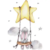 Siso Muursticker - Konijntje op Schommel - 70x49 cm - Zelfklevende Wanddecoratie voor Kinderkamer - Babykamer - Sticker -