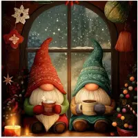 PosterMonkey Poster 75x75 cm - Gnooms - Kerst - Raam - Kleurrijk - Posters - Kamer decoratie - Wanddecoratie woonkamer - Muurdecoratie slaapkamer - Kerstversiering - Kerstdecoratie voor binnen - Kerstmis
