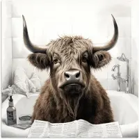 PosterMonkey Poster 75x75 cm - Schotse hooglander - Badkuip - Badkamer - Krant - Posters - Kamer decoratie - Wanddecoratie woonkamer - Muurdecoratie slaapkamer