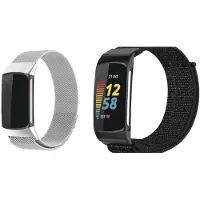Strap-it Nylon Bandje (Zwart) + Milanese Band (Zilver) - Geschikt voor Fitbit Charge 6 - Zacht Nylon Bandje - Geweven Nylon Band - RVS Armband - Stalen Schakelarmband - Luxe & ademend ontwerp