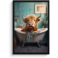 PosterMonkey Poster in lijst - Fotolijst 40x60 cm - Posters - Schotse hooglander - Badkamer - Blauw - Bad - Posterlijst zwart - Decoratie - Wanddecoratie woonkamer - Muurdecoratie slaapkamer
