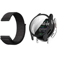 Strap-it Nylon band Zwart + TPU Case zwart - Geschikt voor Samsung Galaxy Watch 7 40mm - Bescherming hoesje voor Galaxy Watch 7 40mm smartwatch - Zachte nylon band zwart + TPU Case zwart