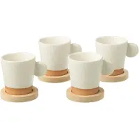 J-Line koffietas Met Oor + Bamboubasis - keramiek - wit/naturel - doos van 4