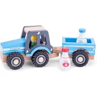 Woet Houten Tractor met Aanhanger - Inclusief 2 Melkbussen - Blauw - Educatief Speelvoertuig - Rollenspel Speelgoed - Vanaf 18 Maanden