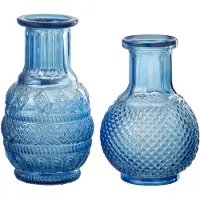 J-Line vaas Kano - glas - blauw - 2 stuks - 14 cm hoog