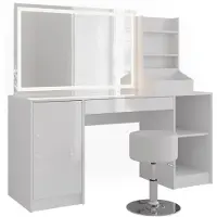 Vicco Kaptafel set met kruk Sherry Wit/Wit Hoogglans 158.2 cm met LED-spiegel en kruk, Model 57651