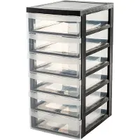 Iris Design Chest ladekast - 6 ondiepe lades - 6 x 7.5L - Kunststof - Zwart/Transparant - Met Wielen