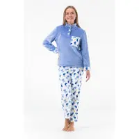 Gaubert Dames Fleece Huispak en Pyjama - Hoge Kraag met Knopen - Love Hearts - Superzacht Fleece - Blauw - 2505 - Maat L