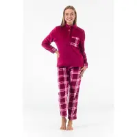 Gaubert Dames Fleece Huispak en Pyjama - Hoge Kraag met Knopen - Tartan Style - Superzacht Fleece - Fuchsia - 2504 - Maat XL