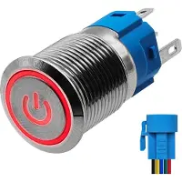 Proride Metalen Pulsschakelaar 220V OFF-(ON) - 16mm - Momentschakelaar met Aansluitkabel - Spatwaterdicht - LED Indicatie Rood