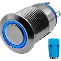 Proride Metalen Pulsschakelaar 220V OFF-(ON) - 12mm - Momentschakelaar met Aansluitkabel - Spatwaterdicht - LED Indicatie Blauw