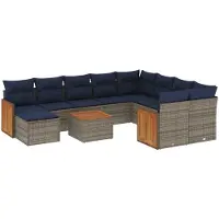 vidaXL 11-delige tuinbankset met kussens, grijs polyrotan