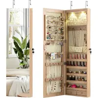 Costway Sieradenkast met ledverlichting, sieradenrek met spiegel, spiegelkast hangend afsluitbaar met sleutels, sieradenopslag 120 x 35,5 x 10 cm (beige)