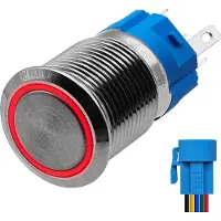 Proride Metalen Drukschakelaar 12V ON-OFF - 16mm - Aan/uit schakelaar met Aansluitkabel - Spatwaterdicht - 12V/24V - LED Indicatie Rood