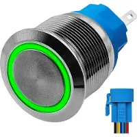 Proride Metalen Drukschakelaar 12V ON-OFF - 22mm - Aan/uit schakelaar met Aansluitkabel - Spatwaterdicht - 12V/24V - LED Indicatie Groen