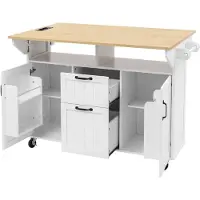 Merax Keukenwagen met Uittrekbare Tafel - Verrijdbare Keuken Trolley met Lades en Handdoekhouder - Keukeneiland met Stopcontacten USB en USB-C - Wit met Houten Blad - 120×40–80×92 cm