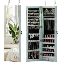 Costway Sieradenkast met ledverlichting, sieradenrek met spiegel, spiegelkast hangend afsluitbaar met sleutels, sieradenopslag 120 x 35,5 x 10 cm (vintage blauw)