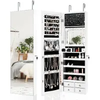 Costway Sieradenkast met ledverlichting, sieradenrek met full-body spiegel, simpelkast met 4 laden, 4 planken voor sieraden en cosmetica, kastdeur en wandmontage (wit)