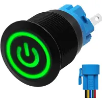 Proride Metalen Pulsschakelaar 12V OFF-(ON) - 19mm - Momentschakelaar met Aansluitkabel - Spatwaterdicht - 12V/24V - LED Indicatie Groen