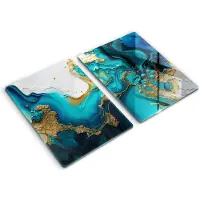 Wallfluent Spatscherm Keuken - Blauw Spatwand Keuken - Set 2 Stuks 40x52 cm - Turquoise Abstractie Spatscherm Glas - Abstractie Rechthoekig Spatscherm Keuken