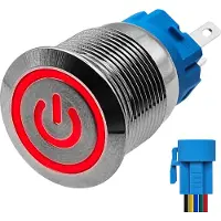 Proride Metalen Pulsschakelaar 12V OFF-(ON) - 19mm - Momentschakelaar met Aansluitkabel - Spatwaterdicht - 12V/24V - LED Indicatie Rood