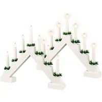 Lumineo Kaarsenbrug wit - 2x - hout - met LED verlichting - 7 led lampjes - 4,8 x 39,5 x 32 cm
