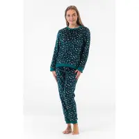 Gaubert Dames Fleece Huispak en Pyjama - Ronde Hals - Panterprint - Superzacht Fleece - Teal Green - 2503 - Maat L
