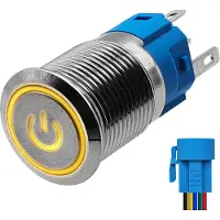 Proride Metalen Pulsschakelaar 220V OFF-(ON) - 16mm - Momentschakelaar met Aansluitkabel - Spatwaterdicht - LED Indicatie Geel