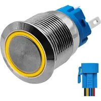 Proride Metalen Pulsschakelaar 220V OFF-(ON) - 19mm - Momentschakelaar met Aansluitkabel - Spatwaterdicht - LED Indicatie Geel