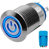 Proride Metalen Pulsschakelaar 12V OFF-(ON) - 12mm - Momentschakelaar met Aansluitkabel - Spatwaterdicht - 12V/24V - LED Indicatie Blauw