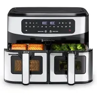 Kitchenbrothers Dubbele Airfryer - 2400W - Dual Zone - 9L - Heteluchtfriteuse - Airfryer XXL - 2 x 4.5L - 10 Kookprogramma's - RVS/Zwart