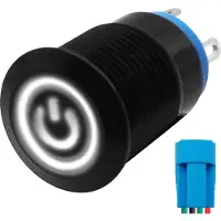 Proride Metalen Pulsschakelaar 12V OFF-(ON) - 12mm - Momentschakelaar met Aansluitkabel - Spatwaterdicht - 12V/24V - LED Indicatie Wit